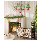 Brightown 34inch Firewood Rack Indoor with Log Carrier, Outdoor Wood Rack for Firewood,Fire Wood Storage with Kindling Hooks, Adjustable Pads, Heavy Duty Logs Holder for Fireplace Deck Outdoor, Black