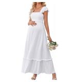 OUGES Womens 2025 Summer Maternity Maxi Dresses for Photoshoot Ruffle Sleeve Square Neck Wedding Guest Baby Shower Long Dress Flowy Pregnancy Must Have Maternity Clothes (White,S)