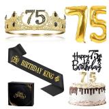 75th Birthday Gifts for Men, 75th Birthday Decorations for Men, Party Decor Supplies Including King Crown and Sash and Balloons and Cake Topper and Candles