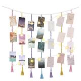 Mkono Macrame Hanging Photo Display Wall Decor with String Lights, Boho Wooden Beads Garland Collage Picture Card Frame Holder with 45 Clips for Bedroom Living Room Dorm, Teen Girls Christmas Gifts
