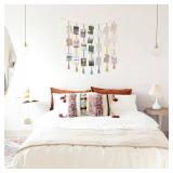 Mkono Macrame Hanging Photo Display Wall Decor with String Lights, Boho Wooden Beads Garland Collage Picture Card Frame Holder with 45 Clips for Bedroom Living Room Dorm, Teen Girls Christmas Gifts