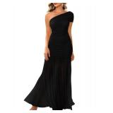 LAGSHIAN Womenfts Elegant Formal Long Dress One Shoulder Sleeveless Ruched Bodycon Evening Dress Black M
