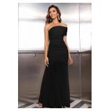 LAGSHIAN Womenfts Elegant Formal Long Dress One Shoulder Sleeveless Ruched Bodycon Evening Dress Black M
