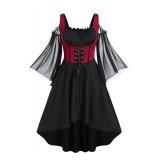 ROSE GAL Women Plus Size Punk Cold Shoulder Flare Sleeves Lace Up High Low A Line Midi Gothic Dress Renaissance Corset Dress?Black-217L?