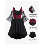 ROSE GAL Women Plus Size Punk Cold Shoulder Flare Sleeves Lace Up High Low A Line Midi Gothic Dress Renaissance Corset Dress?Black-217L?