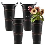 ZEONHEI 4 Pack 9 Inch Tall Galvanized Flower Bucket, Black Farmhouse French Flower Bucket with Handle, Small Rustic Vintage Metal Vases for Flower, Centerpieces, Floral Arrangements