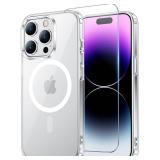 Temdan for iPhone 14 Pro Max Case Clear with Screen Protector, Compatible with Magsafe, Anti-Yellowing, Military-Grade Protection, Shockproof Slim Magnetic Phone Case Cover, Transparent