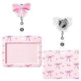 Geyoga Pink Bow Coquette Gifts Set Includes Horizontal ID Badge Holder and Retractable Badge Reel with Alligator Clip Funny Name Tag Card Holder for Worker Doctor Nurse Teacher Office Accessories