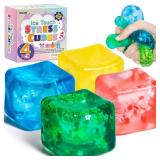 4 Pack Fidget Toy Stress Cube, Slow Rise Stress Balls Ice Cube,Mellow and Chill,Square Squishy Balls for Anxiety Relief,Nice Cube Squishy,Prize Box Toys for Kids Classroom Birthday Gifts Party Favors