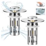 Nevellir 2 Pack Bathroom Sink Stopper for 1.06-1.50in, Universal Bathroom Sink Drain Pop Up Stopper for US Stainless Steel Floor Drain Filter, Universal Drain Filter with Hair Strainer(Silver)