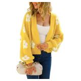 chouyatou Womenfts Fuzzy Daisy Printed Cropped Cardigan Open Front Jacquard Knit Sweater Tops (Large, Yellow)