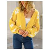 chouyatou Womenfts Fuzzy Daisy Printed Cropped Cardigan Open Front Jacquard Knit Sweater Tops (Large, Yellow)