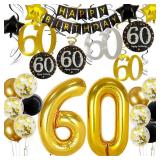 60th Birthday Decorations For Men Black And Gold Happy Birthday Banner 60 Birthday Party Decorations 60 Balloon Numbers For Him