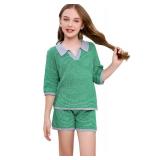 Jenisso Girls 2 Piece Outfits Set Oversized Short Sleeve V Neck Knit Sweater Tops Casual Shorts Lounge Set Size 130