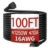 163 10A 125V 1250W 100 Ft Outdoor Extension Cord Waterproof, Weatherproof and Flame Retardant Black 3 Prong Power Cord Outside for Lawn and Garden, SJTW ETL Listed