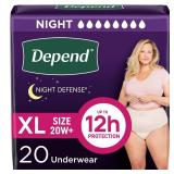 Depend Night Defense Adult Diapers, Incontinence and Postpartum Bladder Leak Underwear for Women, Disposable, Overnight, Extra-Large, Blush, 20 Count, Packaging May Vary