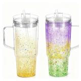 40oz Acrylic Snowglobe Tumbler, Pre Drilled Snow Globe Cup with Handle, Plastic Double Wall Snowglobe Cup for Glitter, Clear DIY Tumbler with Plug and Pre Hole, 4 Pack