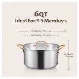 BEZIA 6 Quart 3-Ply Stainless Steel Stockpot, Soup Pot with Lid, Even Heat Distribution, Cooking Pot with Sturdy Handles, Compatible with All Cooktops, Perfect for Soups and Stews, Silver