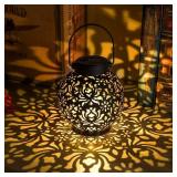 2 Pack Outdoor Solar Hanging Lantern Lights Metal LED Decorative Lamp for Garden Patio Courtyard Lawn and Table with Hollowed-Out Design (Antique Bronze)