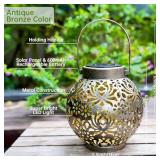 2 Pack Outdoor Solar Hanging Lantern Lights Metal LED Decorative Lamp for Garden Patio Courtyard Lawn and Table with Hollowed-Out Design (Antique Bronze)