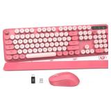 Wireless Keyboard and Mouse Combo - Round Keycaps, Full-Size Retro Typewriter Keyboard with Detachable Wrist Rest, Sleep Mode and Tilt Legs, 2.4GHz Cordless Connection for MacWindowsPC (Hot Pink)