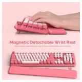 Wireless Keyboard and Mouse Combo - Round Keycaps, Full-Size Retro Typewriter Keyboard with Detachable Wrist Rest, Sleep Mode and Tilt Legs, 2.4GHz Cordless Connection for MacWindowsPC (Hot Pink)