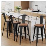 Aklaus Swivel Bar Stools 26 inch Swivel Metal Counter Height Barstools Set of 4 Modern Farmhouse Bar Chairs with High Backs and Large Wooden Seat for Kitchen Island Dining Room Matte Black - Retail: $