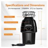 3/4 HP Garbage Disposal, TECASA Food Garbage Disposal with Power Cord, Stainless Steel Grinding System and 3-Bolt Mounting, Continuous Feed Garbage Disposals, Quiet, Taskmaid Series 75 - Retail: $136