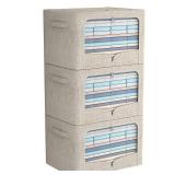 FHSQX 3 Pack Clothes Storage Bins - Foldable Metal Frame Storage Box - Stackable Linen Fabric Container Organizer Set with Carrying Handles and Clear Window (Beige, 19.7x15.7x13inch(66L)) - Retail: $5
