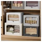 FHSQX 3 Pack Clothes Storage Bins - Foldable Metal Frame Storage Box - Stackable Linen Fabric Container Organizer Set with Carrying Handles and Clear Window (Beige, 19.7x15.7x13inch(66L)) - Retail: $5