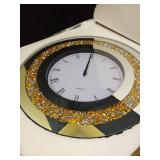 HMRCYTE Crystal Diamond Wall Clock, 15.8in Large Round Mirror Wall Clock, Gold Sparkle Silent Crushed Diamond Home Decor Decorative Clocks for Walls Glass Wall Clocks for Bedroom School Office (Gold) 