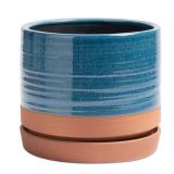 HERDUK 8 Inch Pots for Plants, Ceramic Planter Pot with Drainage Hole & Saucer, Indoor/Outdoor Cylinder Round Planter Pot, Blue & Terracotta - Retail: $44