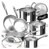 Ciwete Tri-Ply Stainless Steel Pots and Pans Set 11-PC, 18/10 Stainless Steel Induction Cookware Set with Steamer Insert, Kitchen Cookware Sets with Stay Cool Ergonomic Handles, Dishwasher, Oven Safe 