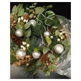 YULETIME 20-inch Christmas Wreath, Battery Operated Holiday Wreath with 20 Fairy Lights, Silvery Baubles, White Berries, Pine Cones, Silvery Leaves, Frosted Spruce Branches & Pine Needles (Silver) - R