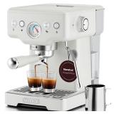 Neretva Espresso Machine, 15 Bar Espresso Coffee Machine with Visible Pressure Guage Professional Espresso Maker with Milk Frother & Stainless Steel for Home Barista Latte and Cappuccino Maker - White