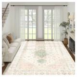 MUJOO 8x10 Area Rugs,Washable Rugs for Living Room Dining Room Bedroom,Large Boho Throw Carpet,Non Slip Big Indoor Low Pile Light Pink and Green - Retail: $170