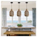 LISLIBE 3-Pack Rattan Pendant Light,Mini Water Plants Rattan Hanging Light 7.9\" Handmade Boho Wicker Chandeliers for Kitchen Island,Dining Room Bedroom Hallways - Retail: $169