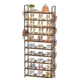 LUKYTOWER Tall Shoe Rack - 10 Tier Organizer for Closet, 30-35 Pairs, Large Capacity with 5 Hooks and Side Pocket, Sturdy Metal Shoe Shelf, Vertical Shoe Stand Tower - Retail: $36