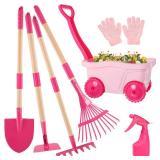 Duckura Kids Gardening Tools Set - 7pcs Wheelbarrow Set for Kids with Shovel, Rake, Leaf Rake, Summer Outdoor Yard Digging Weed Toys, Christmas Birthday Gifts for Boys Girls Age 2 3+ Years Old(Pink) -