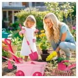 Duckura Kids Gardening Tools Set - 7pcs Wheelbarrow Set for Kids with Shovel, Rake, Leaf Rake, Summer Outdoor Yard Digging Weed Toys, Christmas Birthday Gifts for Boys Girls Age 2 3+ Years Old(Pink) -