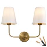 PASSICA DECOR Hardwired 2 Light Modern Armed Wall Sconce with 2pcs Antique Brass Flared White Fabric Shade Double Gold Sconce for Bathroom Vanity Living Room Hallway Stairway Fireplace Farmhouse - Ret