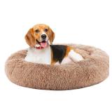 DUMOS 30.7x30.7 Inch Calming Donut Dog Beds for Large Dogs, Machine Washable Cuddler Warming Cozy Fluffy Faux Fur Plush Round Pet Bed, Anti-Slip Bed for Indoor Dogs and Cats, Brown - Retail: $25