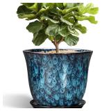 SUNPOTFOR Ceramic Plant Pots - 12 Inch Pots for Plants Indoor Outdoor, Large Round Planter with Drainage Hole and Saucer, Modern Decorative Flower Pot, Home Garden Decor, House Warming Gifts, Blue - R