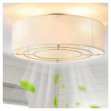 YMKSKJ Low Profile Ceiling Fans with Lights, 20\" Boho Rattan Ceiling Fan with Light Flush Mount and Remote Control, Drum Caged with 6 Speeds for Bedroom, Nursery, Living Room - Retail: $110