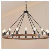 LHKVDT 38âWooden Wagon Wheel Chandelier,Black Vintage 18 Light Rustic Round Hanging Light Fixture,Industrial Country Ceiling Light Used in The Farmhouse,Hallway,Foyer,Living Room,Dining Room - Re
