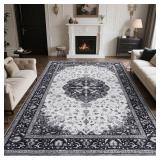 Zentavio 8x10 Washable Area Rugs, Vintage Non-Slip Floral Living Room Rug, Indoor Foldable Floor Thin Low Pile Carpet for Farmhouse Bedroom Dining Room Black - Retail: $62