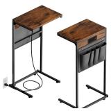 Evermagin C Shaped End Table with Charging Station Set of 2, Small Side Table with Storage Bag for Couch and Recliner, Slide Under Sofa Tray for Living Room, Bedroom, Rustic Brown - Retail: $50
