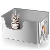 40L XXL Stainless Steel Litter Box with High Sides,No Sharp Edges for Big Cats Maine Coon,One-Piece Deep Stainless Steel Litter Boxes with Tall Sides,Anti-Leakage,Non-Sticky,Easy Clean(Front Entry) - 
