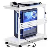 Besiost Computer Tower Stand with Power Strips, 4 Levels Manual Height Adjustable PC Tower Stand for Under Desk, Mobile Rolling CPU Holder, Computer Cart with Wheels, 24\", Carbon Fiber White - Retail