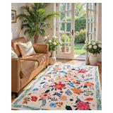 4x6 Floral Rug for Girls Bedroom, Machine Washable Area Rugs with Non Slip Backingfor Living Room, Cute Flowers Carpet Kitchen Dining Room Kids Playroom Decor, Peach White